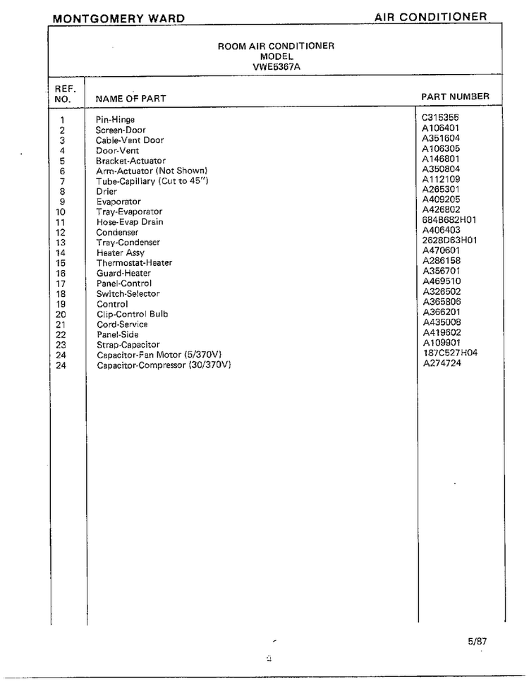 Room Air Conditioner Page 4 Diagram and Parts List for 5367A  Frigidaire Air Conditioner