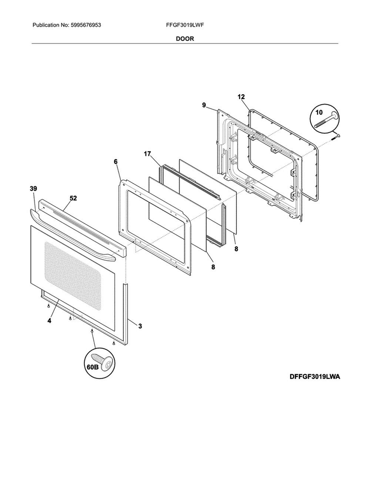Door Diagram and Parts List for FFGF3019LWF  Frigidaire Range