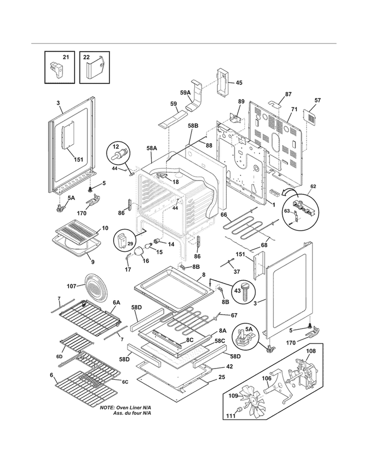 Body Diagram and Parts List for LGEF3033KWG  Frigidaire Range