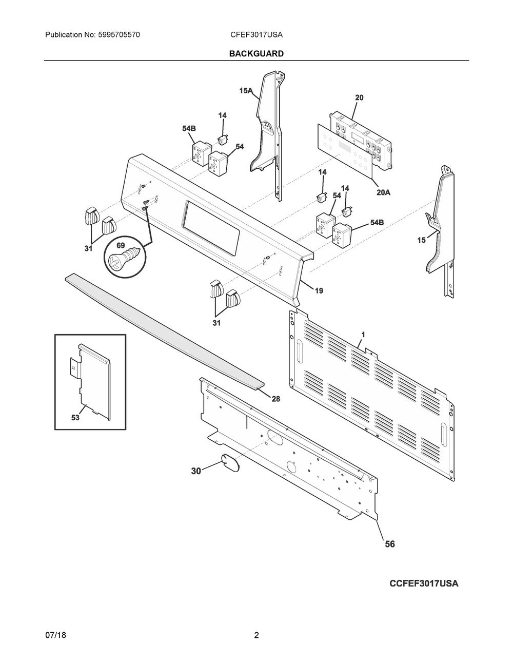 Backguard Diagram and Parts List for CFEF3017USA  Frigidaire Range