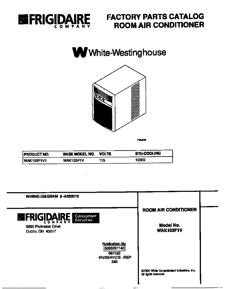COVER Diagram and Parts List for WAK103F1V1  Frigidaire Air Conditioner