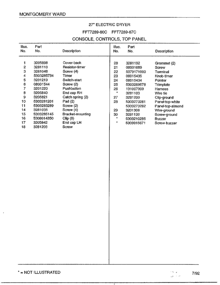 Console, Controls, Top Panel  Page 2 Diagram and Parts List for 7289-87C  Frigidaire Dryer