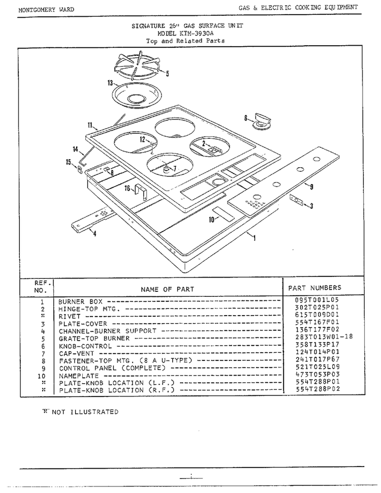 Top And Related Parts Diagram and Parts List for 3930A  Frigidaire Cooktop