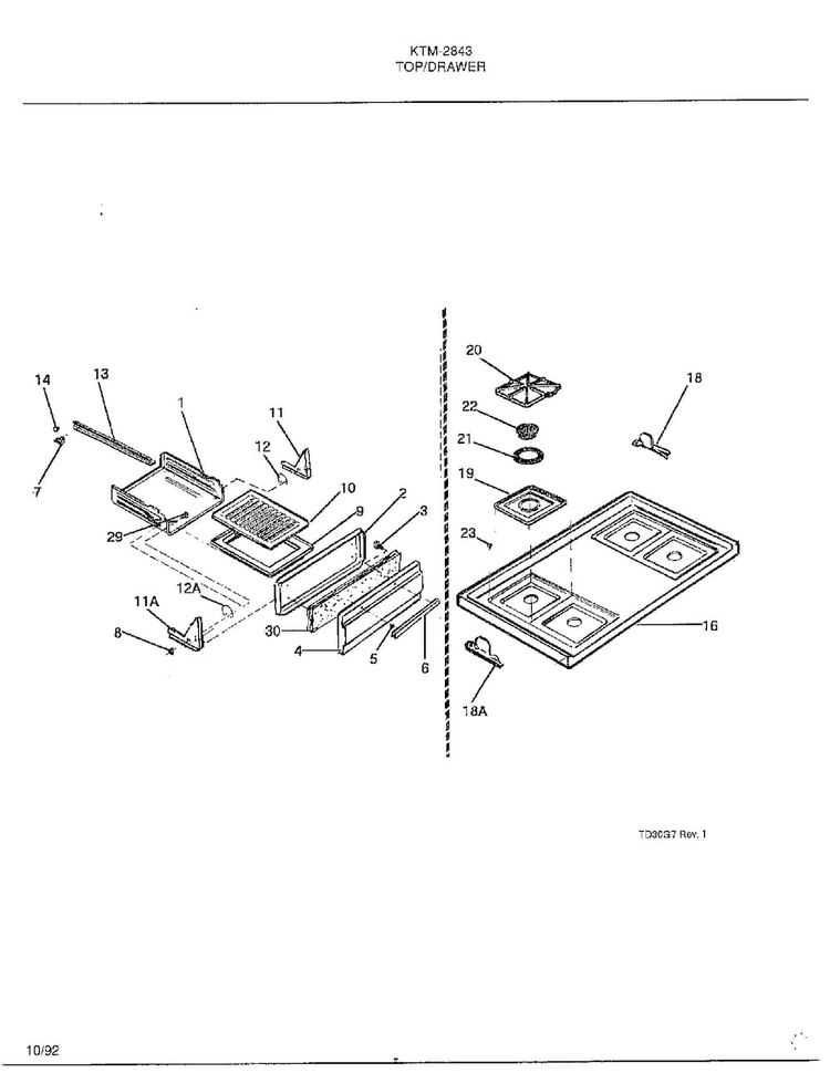 Top/drawer Diagram and Parts List for 2343-87A  Frigidaire Range