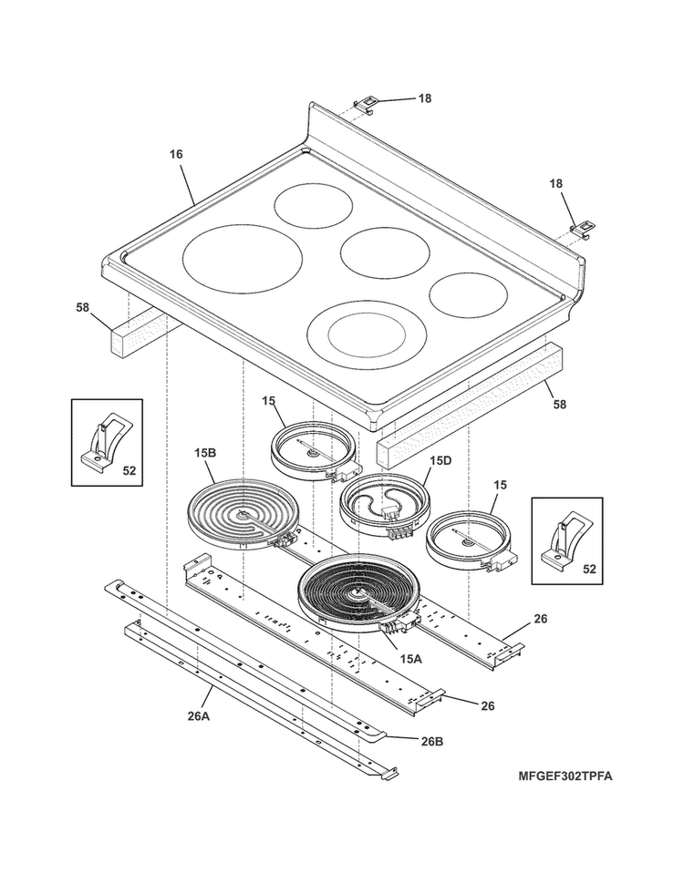 Main Top Diagram and Parts List for FGEF302TPBA  Frigidaire Range