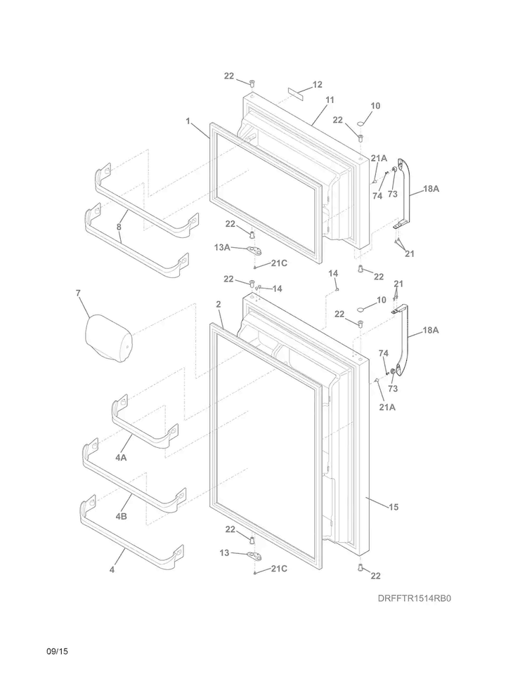 Doors Diagram and Parts List for FFTR1514RW0  Frigidaire Refrigerator