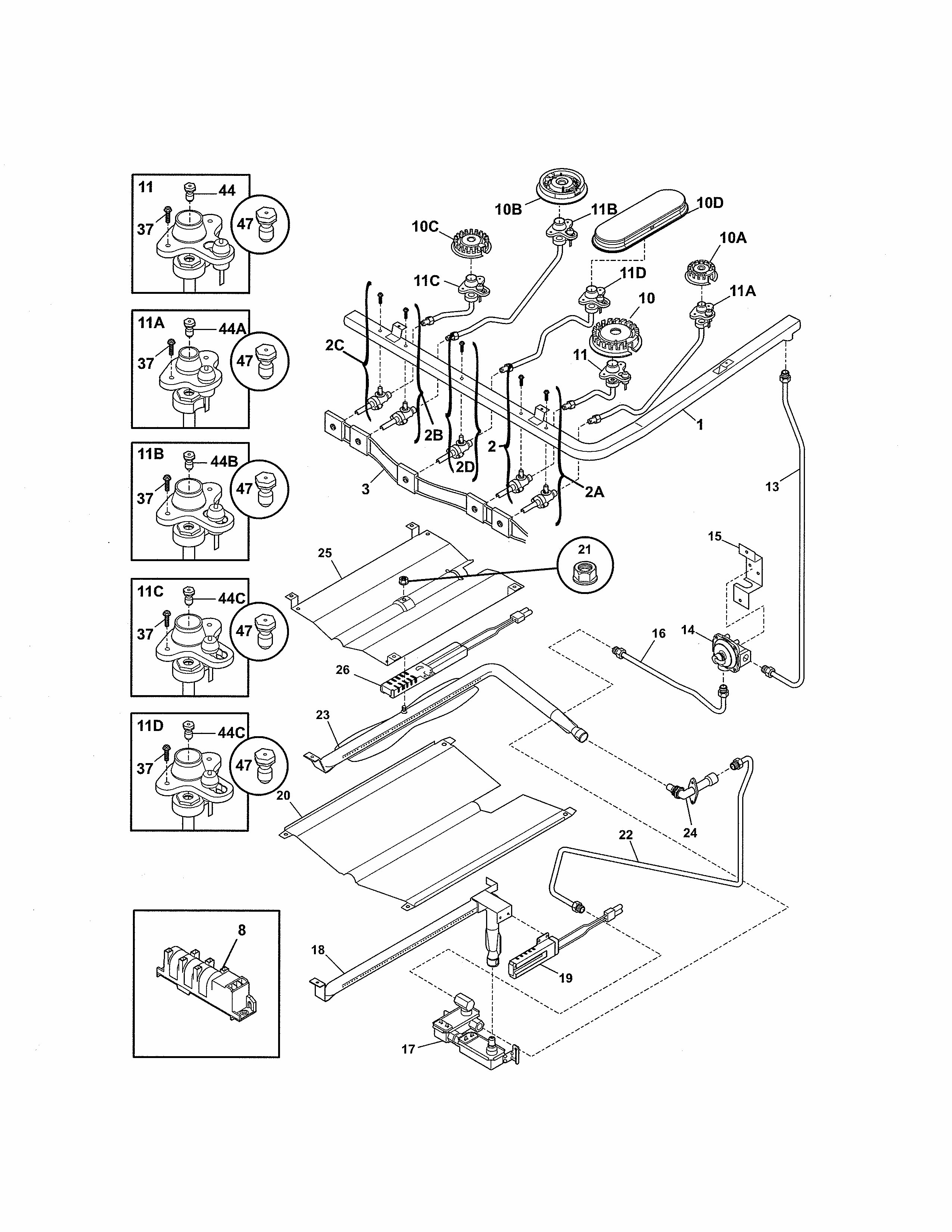 Burner Diagram and Parts List for 79077463805  Kenmore Range