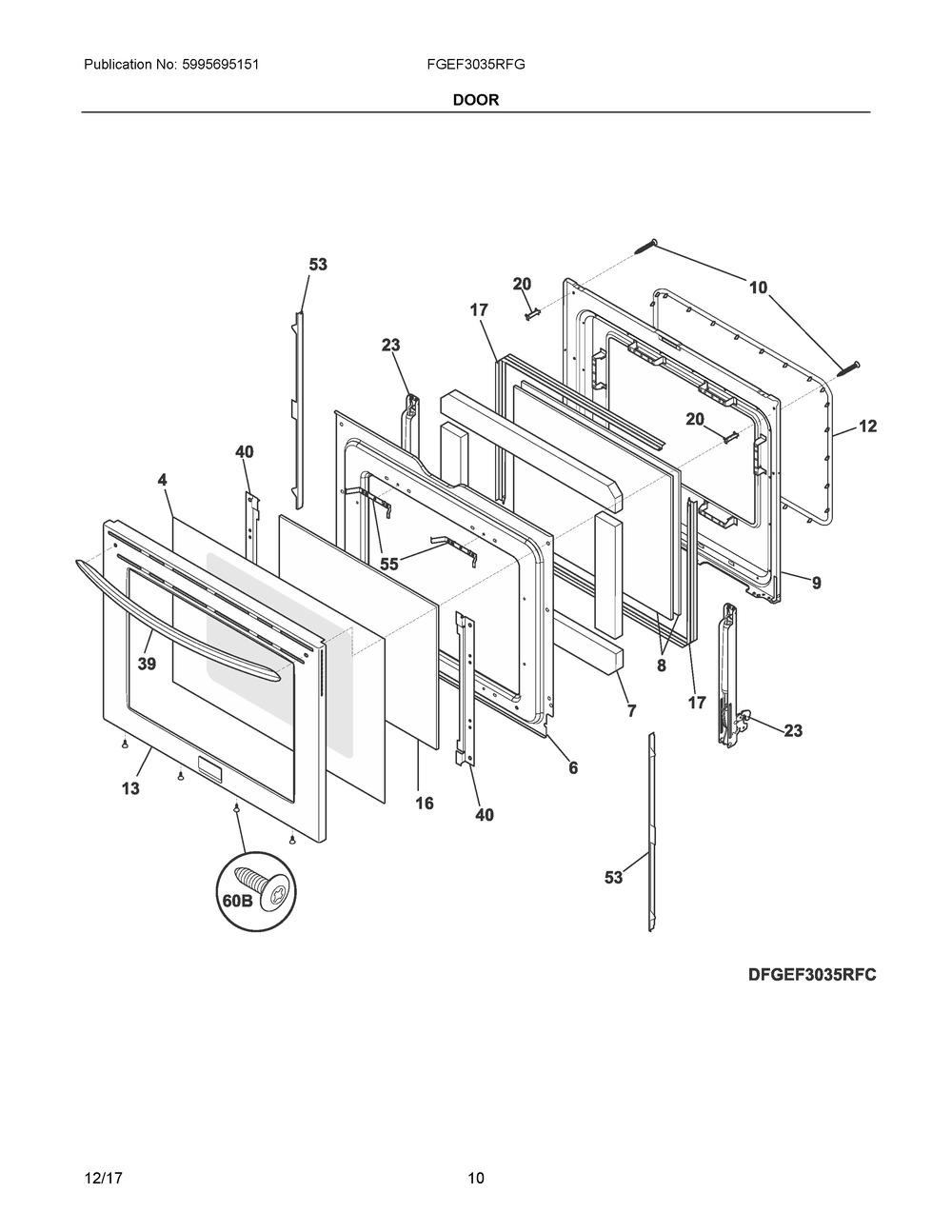 Door Diagram and Parts List for FGEF3035RFG  Frigidaire Range