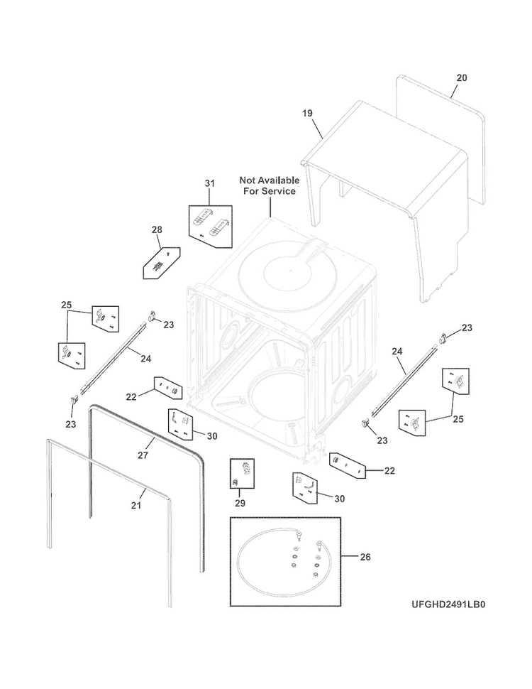 Tub Diagram and Parts List for FGHD2472PF1A  Frigidaire Dishwasher