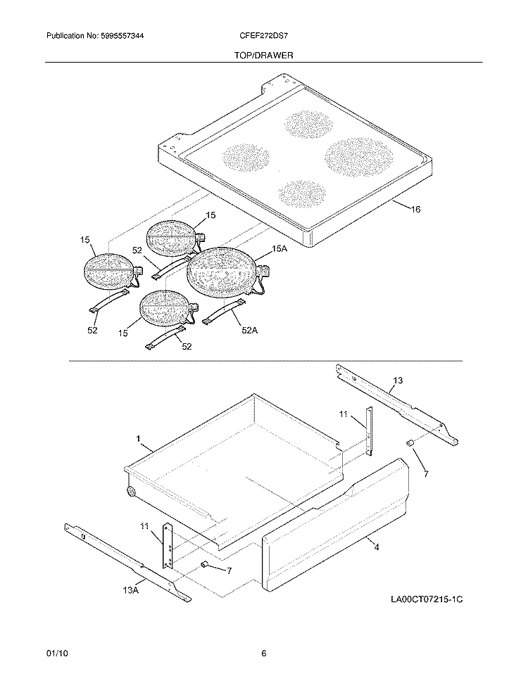 TOP/DRAWER Diagram and Parts List for CFEF272DS7  Frigidaire Range