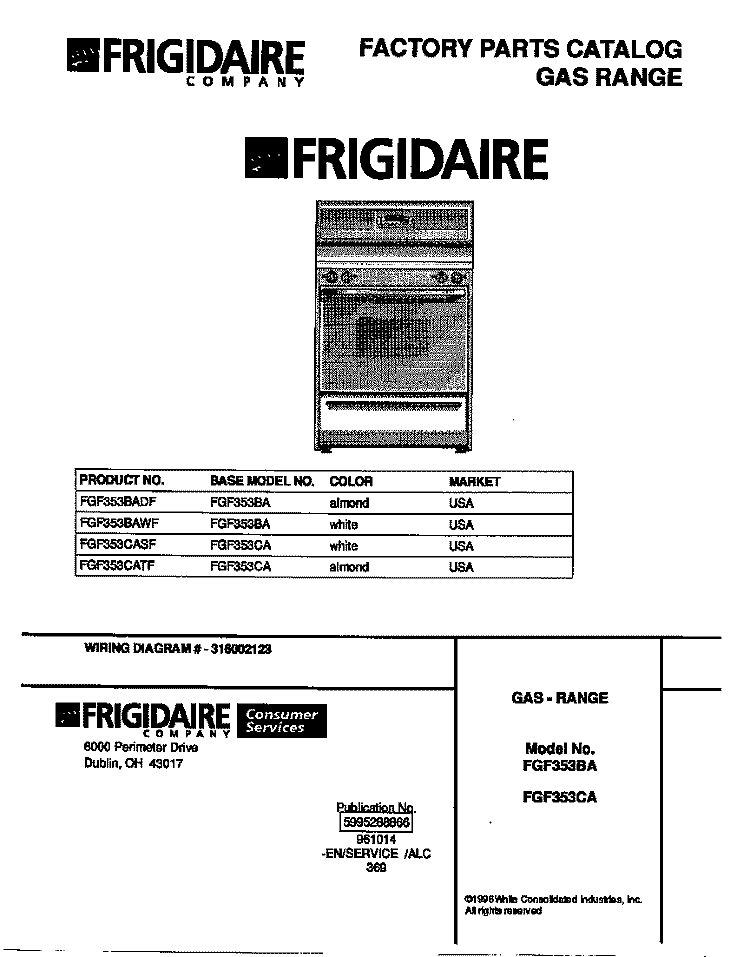 COVER Diagram and Parts List for FGF353CASF  Frigidaire Range