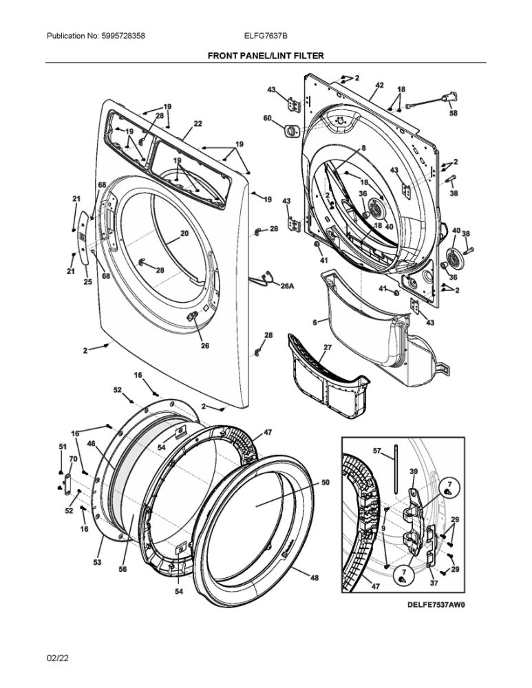 Front Panel/Lint Filter Diagram and Parts List for ELFG7637BW0  Frigidaire Dryer
