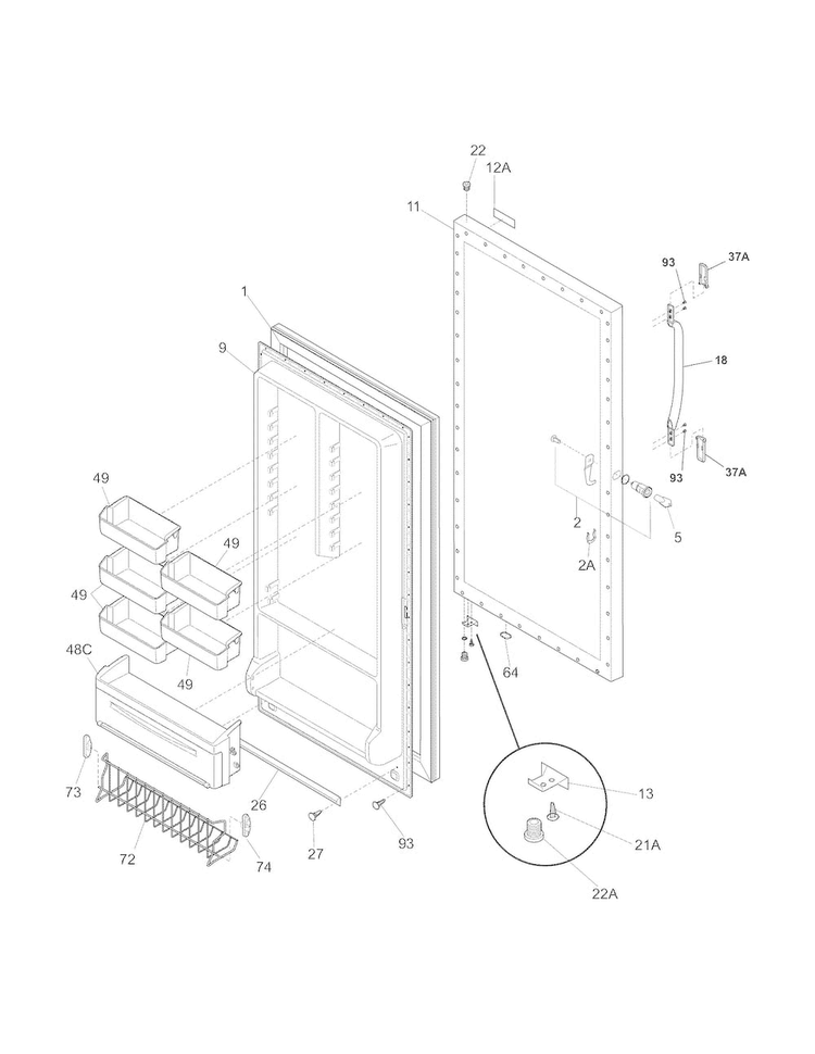 Door Diagram and Parts List for KFU21M7LW3  Kelvinator Freezer