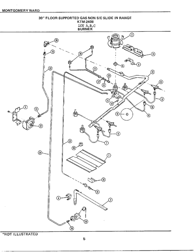 30` Floor Burner Diagram and Parts List for 2408A  Frigidaire Range