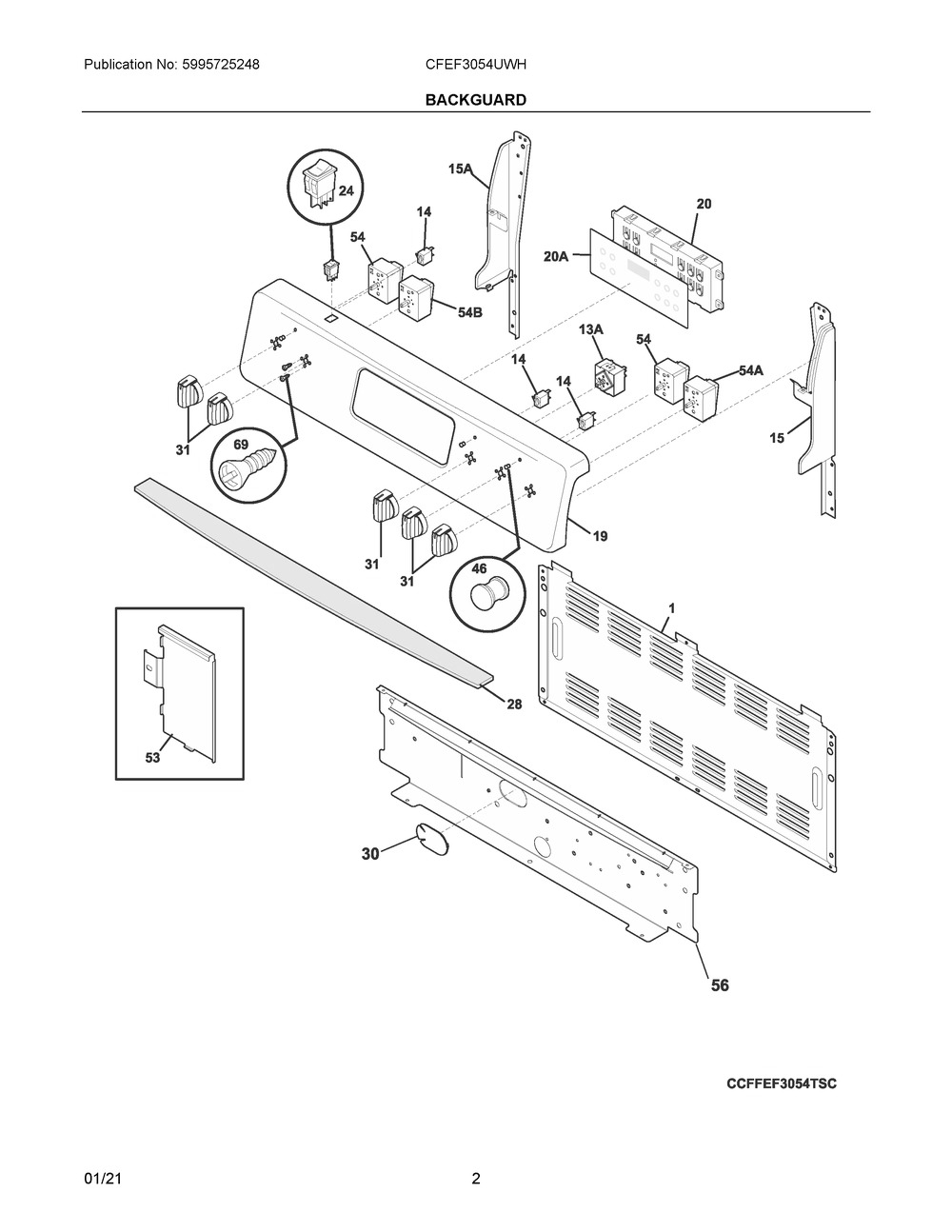 Backguard Diagram and Parts List for CFEF3054UWH  Frigidaire Range