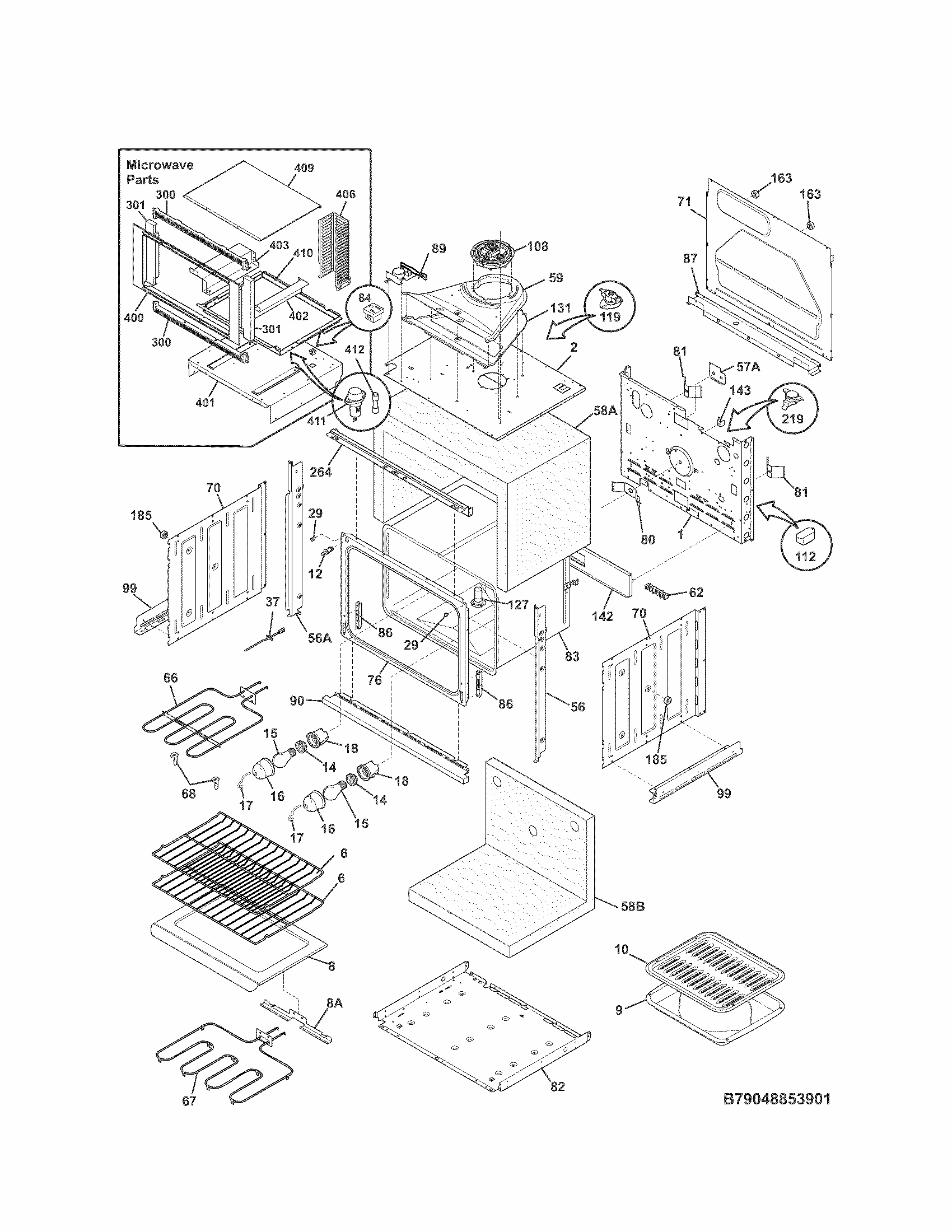 Lower Oven Diagram and Parts List for 79048853901  Kenmore Microwave