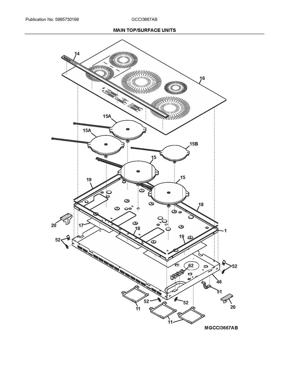 Main Top/Surface Units Diagram and Parts List for GCCI3667ABA  Electrolux Cooktop