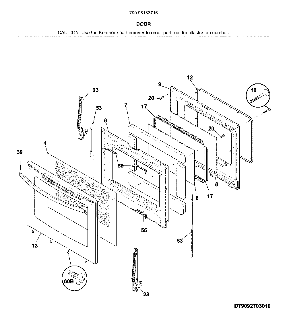 Door Diagram and Parts List for 79096183715  Kenmore Range