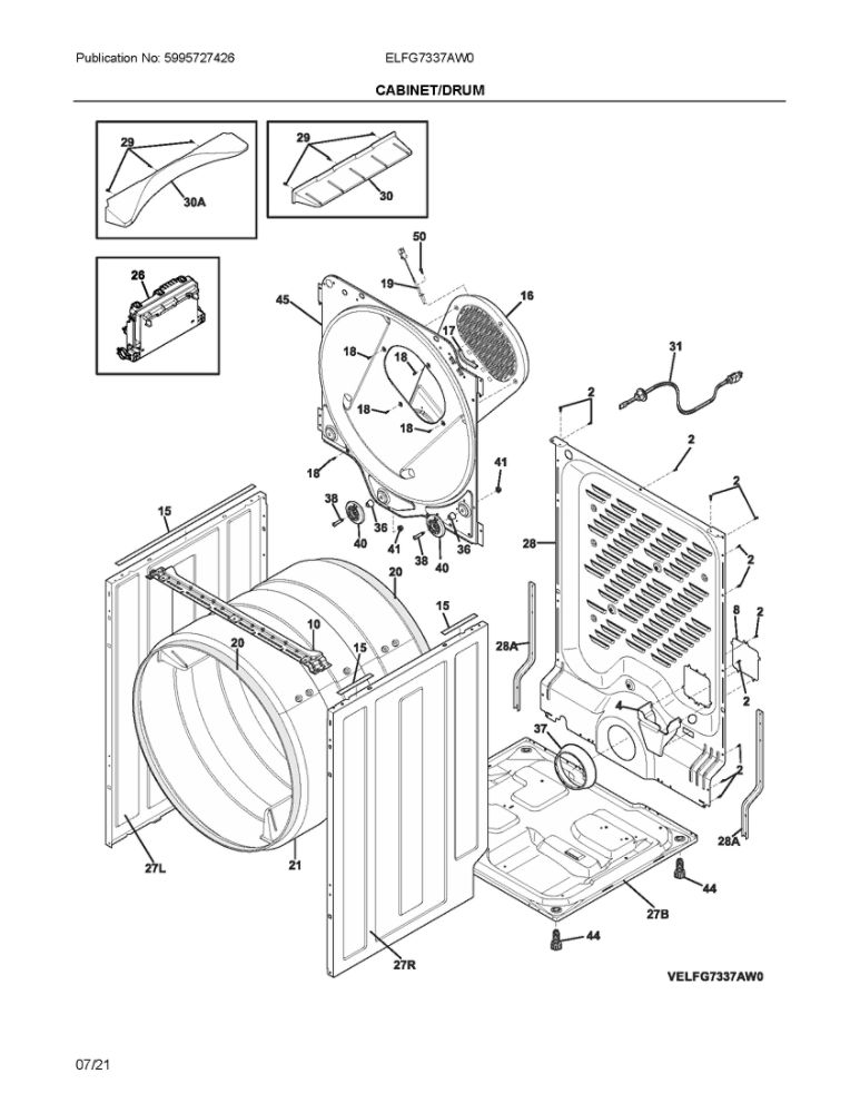 Cabinet/Drum Diagram and Parts List for ELFG7337AW0  Frigidaire Dryer
