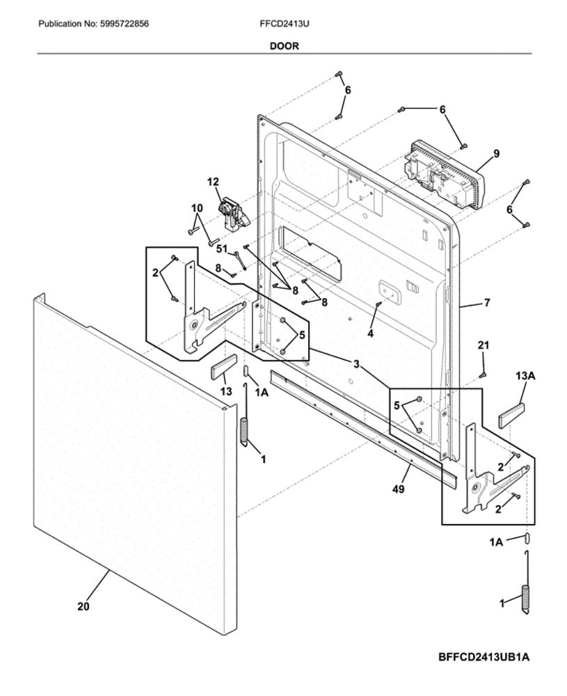 Door Diagram and Parts List for FFCD2413US3A  Frigidaire Dishwasher