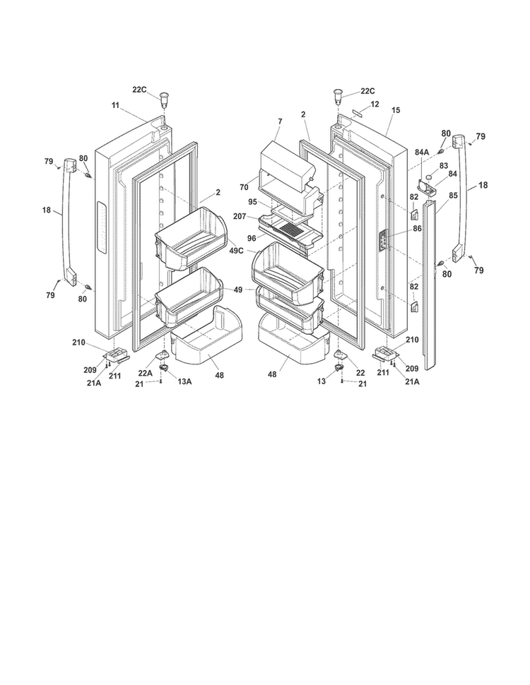 Fresh Food Doors Diagram and Parts List for FPHG2399MF6  Frigidaire Refrigerator