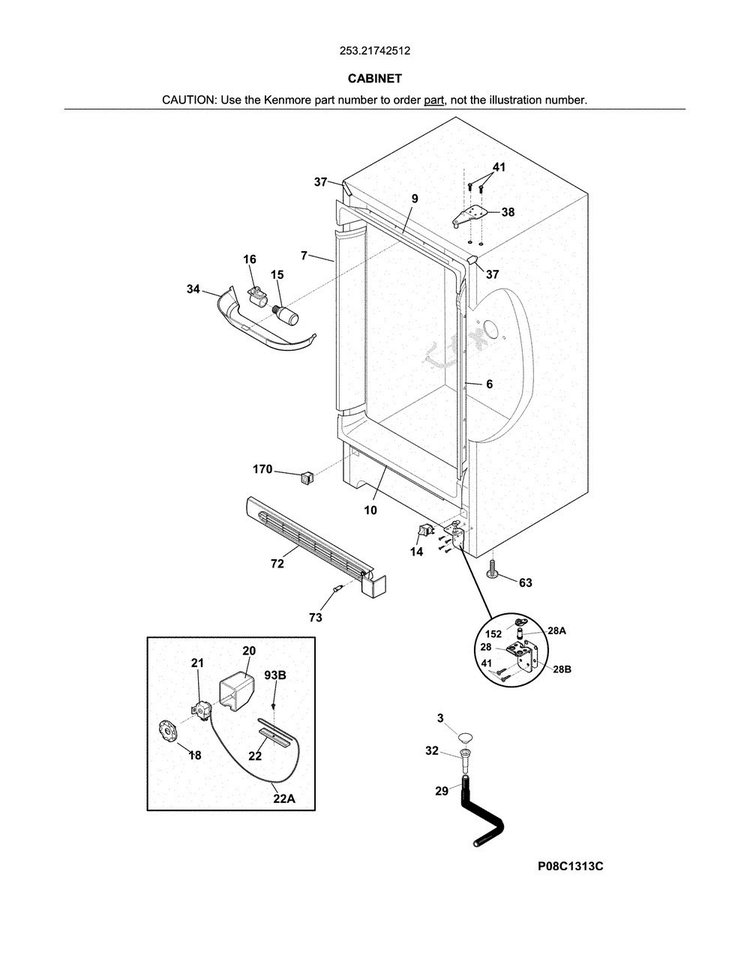 Cabinet Diagram and Parts List for 25321742512  Kenmore Freezer