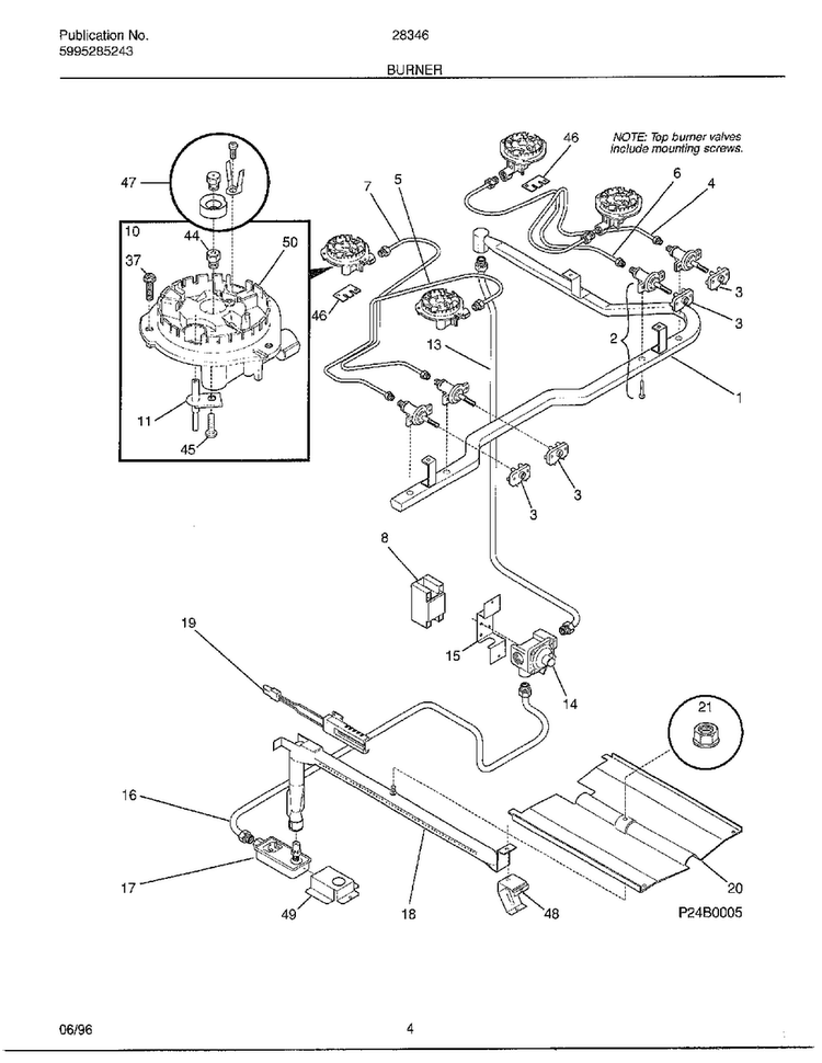 Burner Diagram and Parts List for 283460B  Frigidaire Range