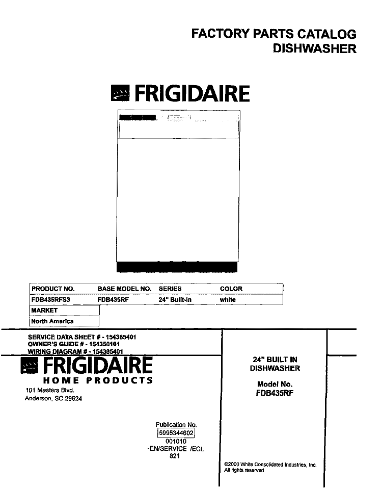 COVER Diagram and Parts List for FDB435RFS3  Frigidaire Dishwasher