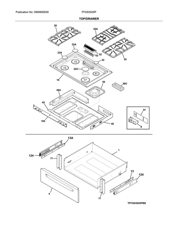 Top/drawer Diagram and Parts List for FFGS3025PBH  Frigidaire Range
