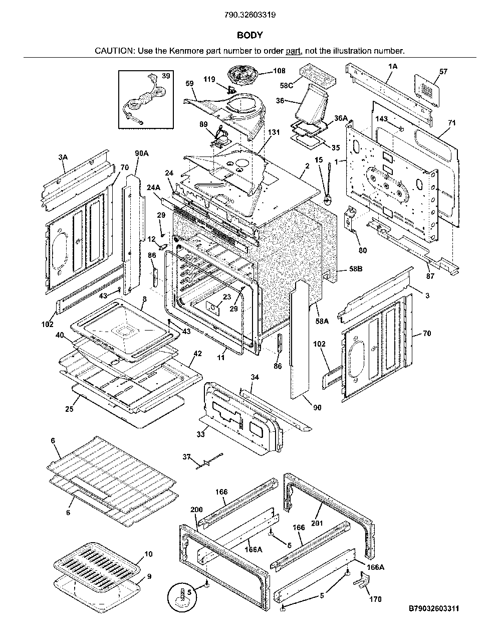 Body Diagram and Parts List for 79032603319  Kenmore Range