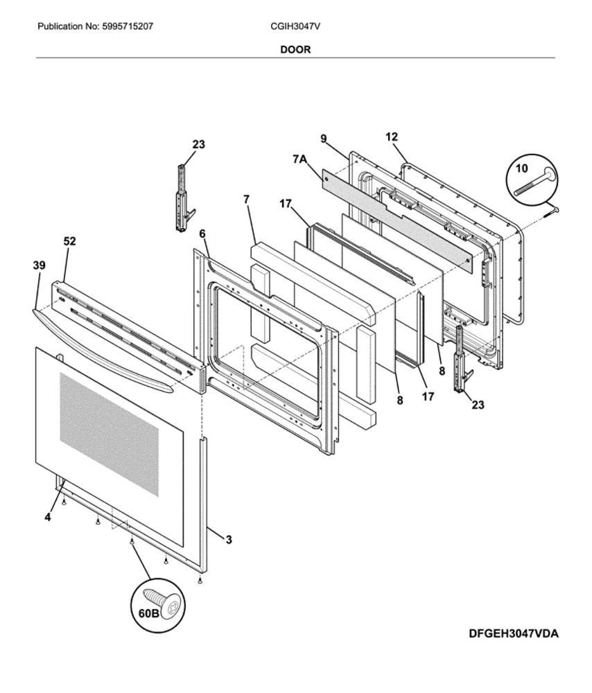 Door Diagram and Parts List for CGIH3047VDA  Frigidaire Range