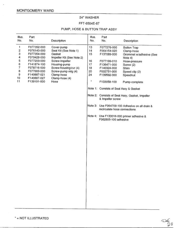 Pump, Hose And Button Trap Assembly Page 2 Diagram and Parts List for 6504E  Frigidaire Washer