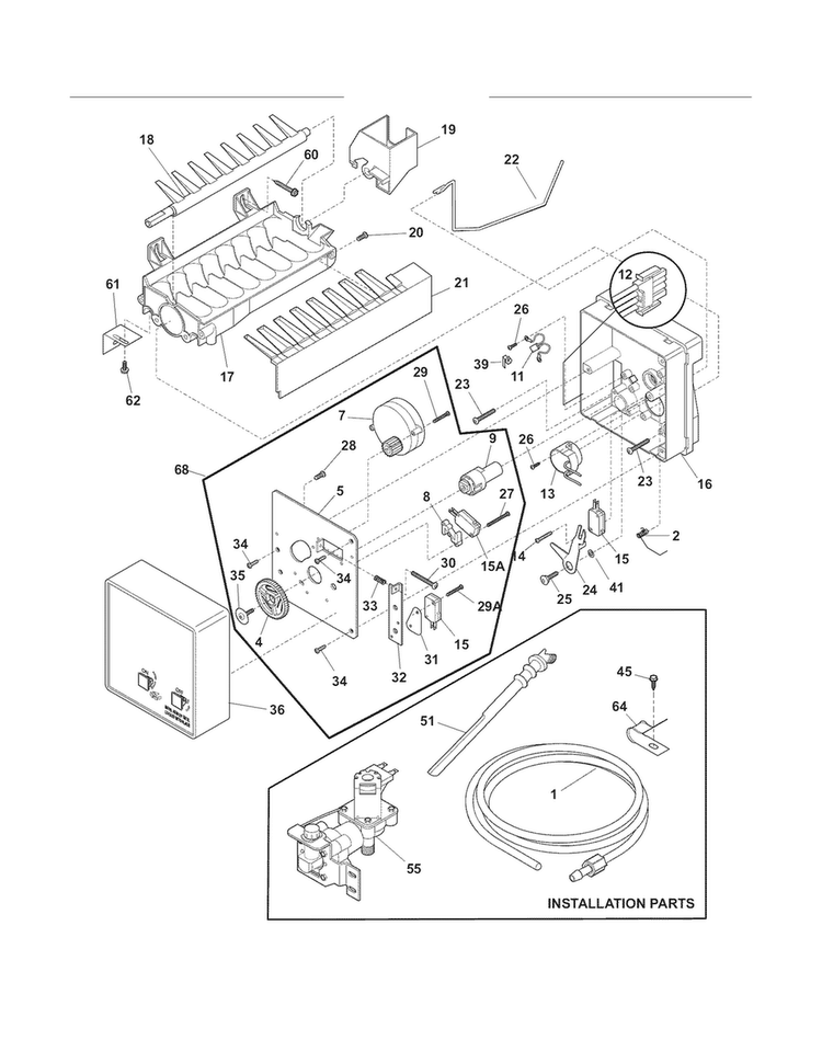 Ice Maker Diagram and Parts List for FPUI2188LR2  Frigidaire Refrigerator