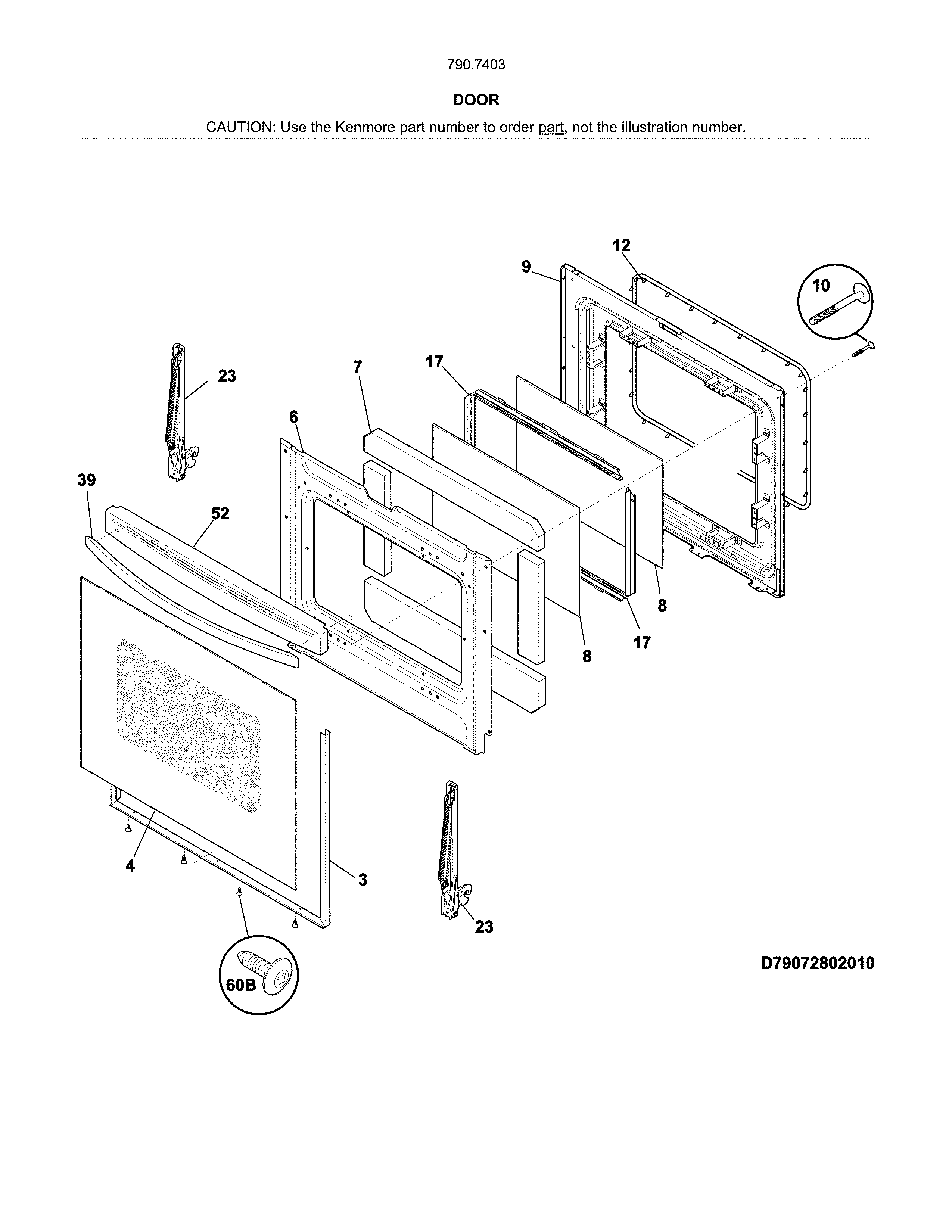 Door Diagram and Parts List for 79074039312  Kenmore Range