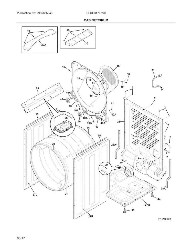 Cabinet/drum Diagram and Parts List for EFDC317TIW0  Electrolux Dryer