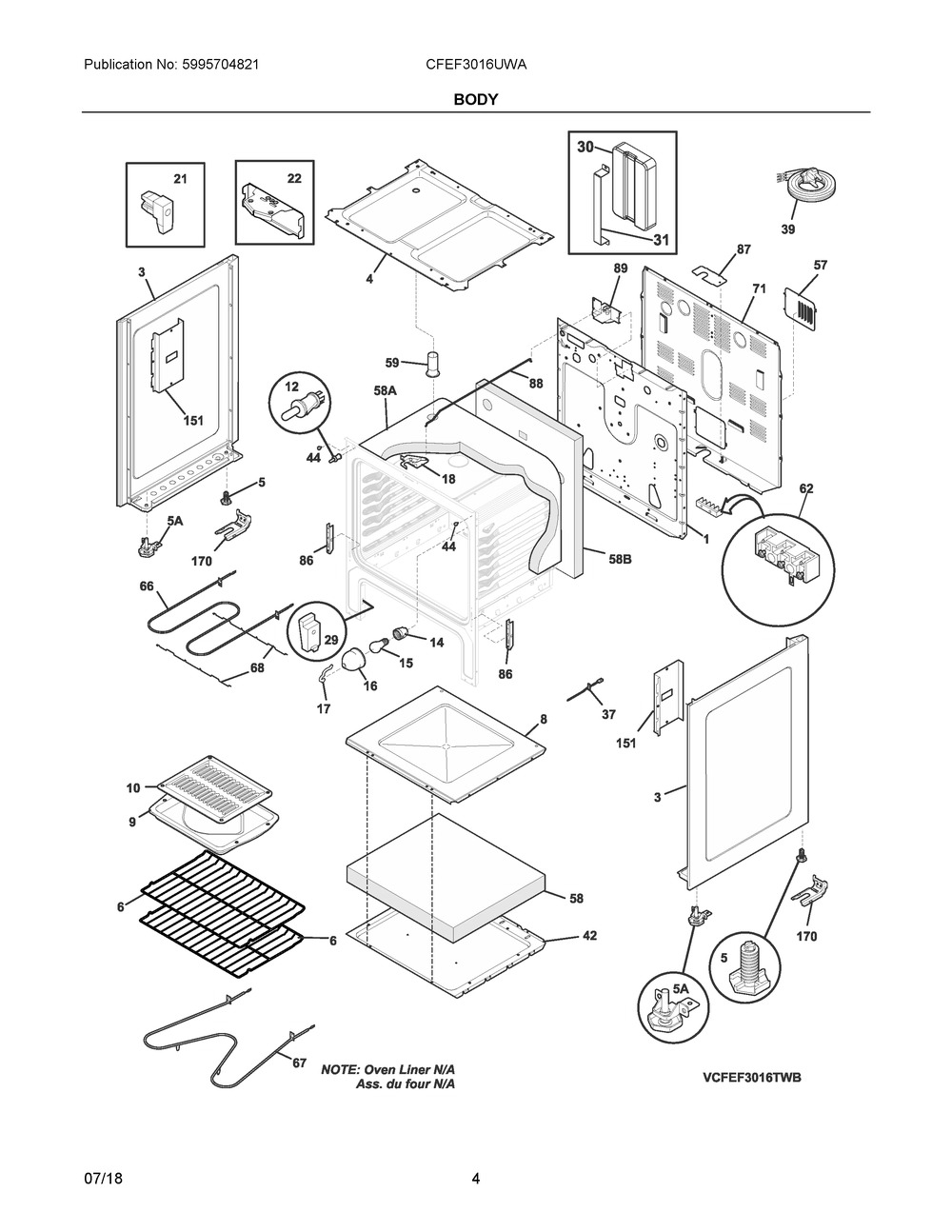 Body Diagram and Parts List for CFEF3016UWA  Frigidaire Range