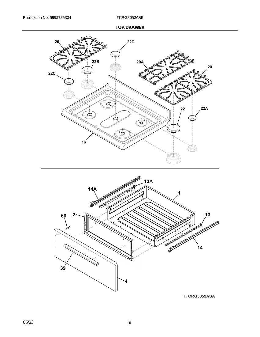 Top/Drawer Diagram and Parts List for FCRG3052ASE  Frigidaire Range