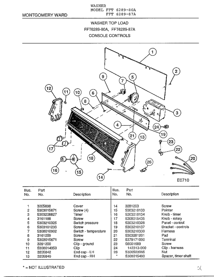 Console Controls Diagram and Parts List for 6289-87A  Frigidaire Washer