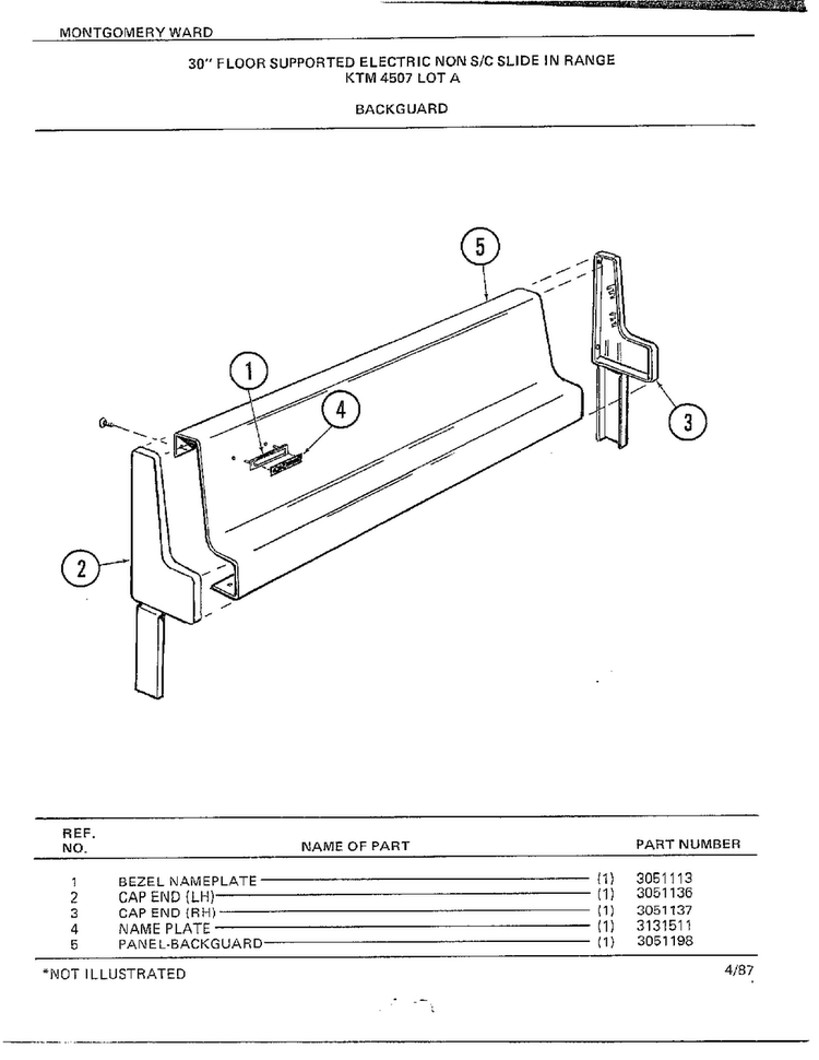 30" Floor/backguard Diagram and Parts List for 4507A  Frigidaire Range