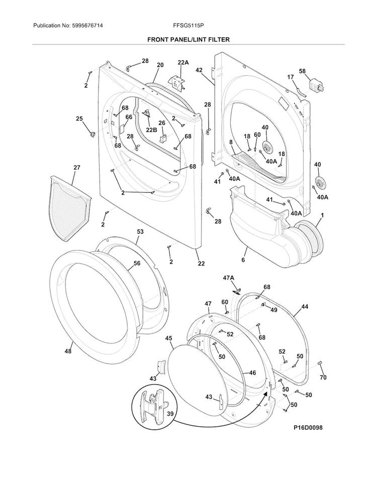 Front Panel/lint Filter Diagram and Parts List for FFSG5115PA1  Frigidaire Dryer