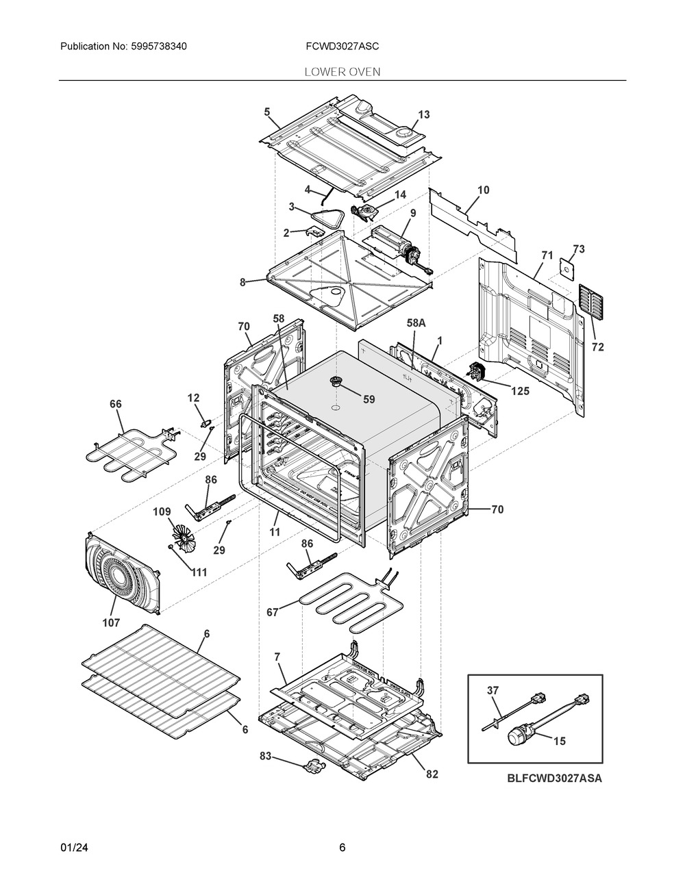 Lower Oven Diagram and Parts List for FCWD3027ASC  Frigidaire Wall Oven