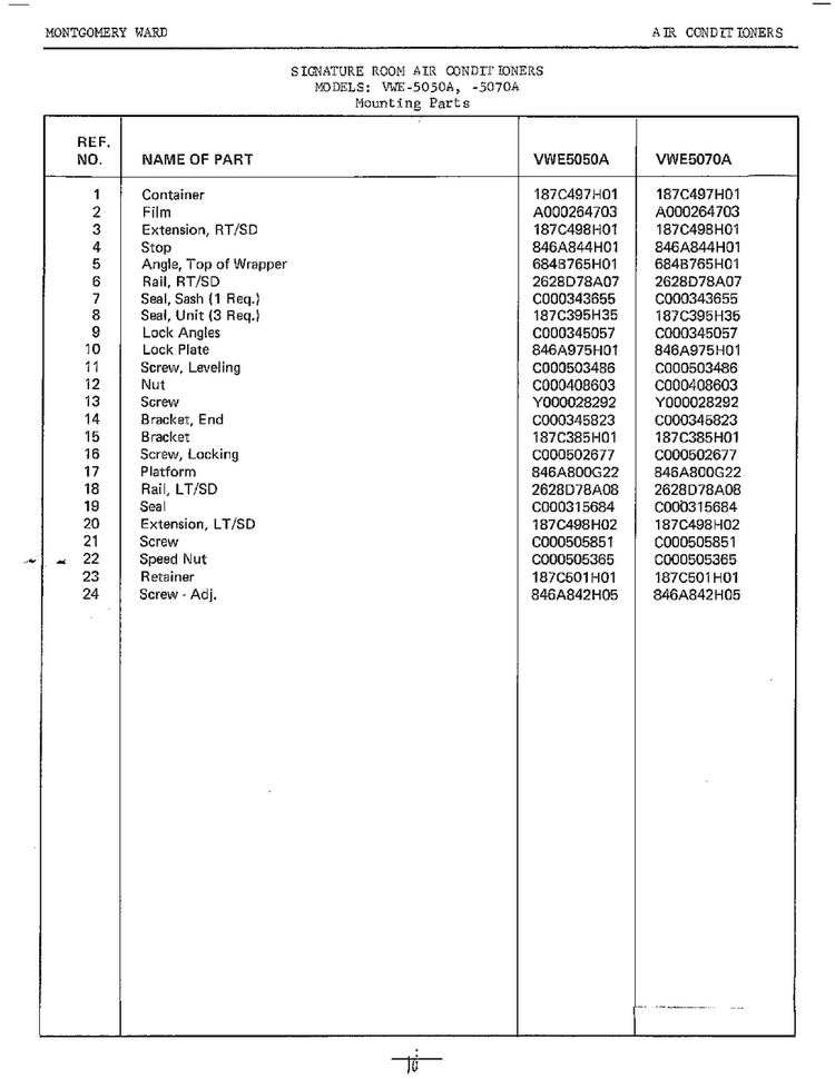 Mounting Page 2 Diagram and Parts List for 5070A  Frigidaire Air Conditioner