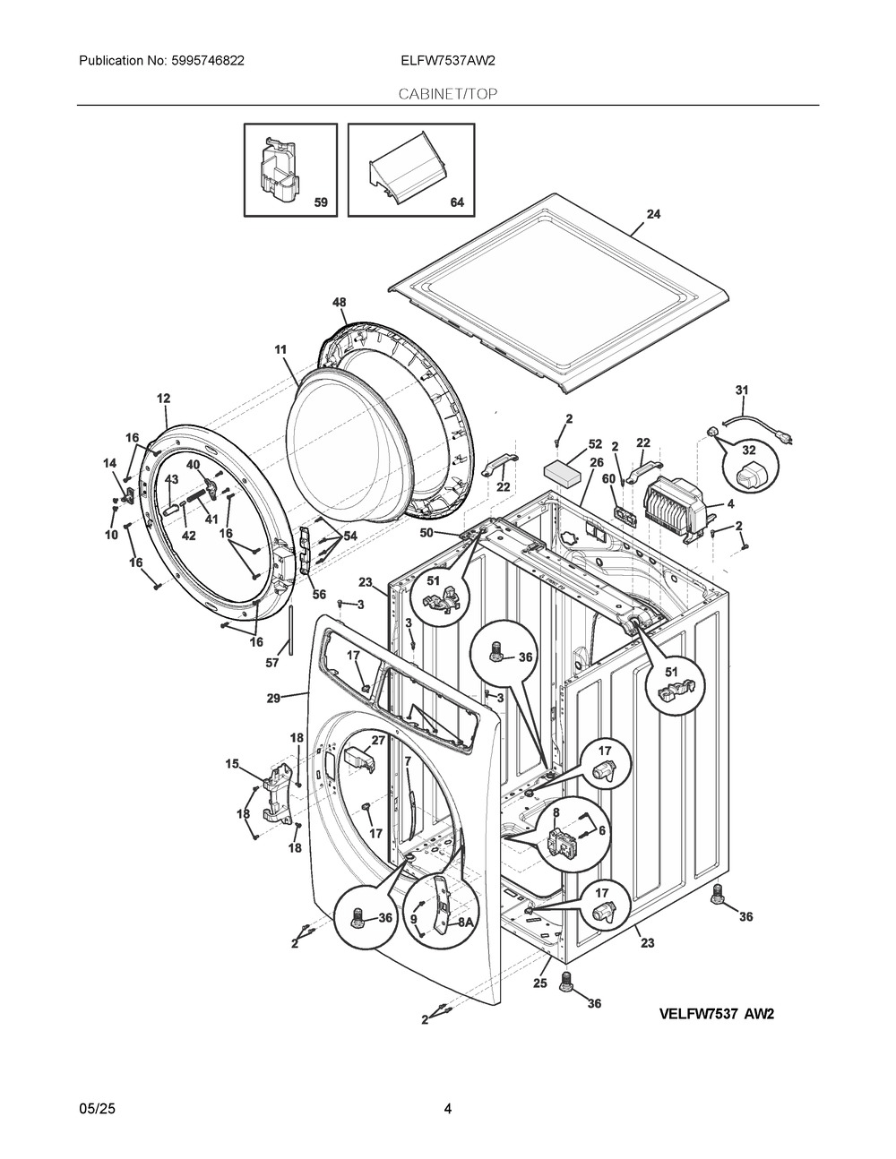 Cabinet/Top Diagram and Parts List for ELFW7537AW2  Frigidaire Washer
