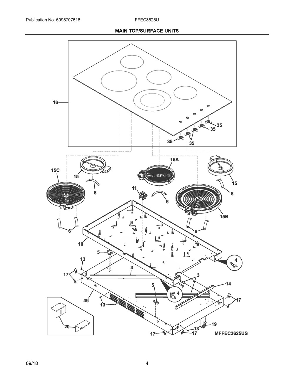 Main Top/surface Units Diagram and Parts List for FFEC3625UB  Frigidaire Cooktop
