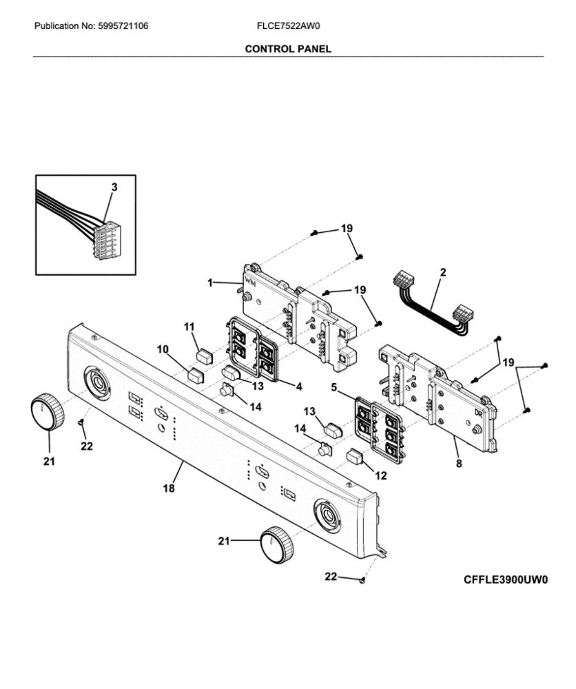 Control Panel Diagram and Parts List for FLCE7522AW0  Frigidaire Washer Dryer Combo