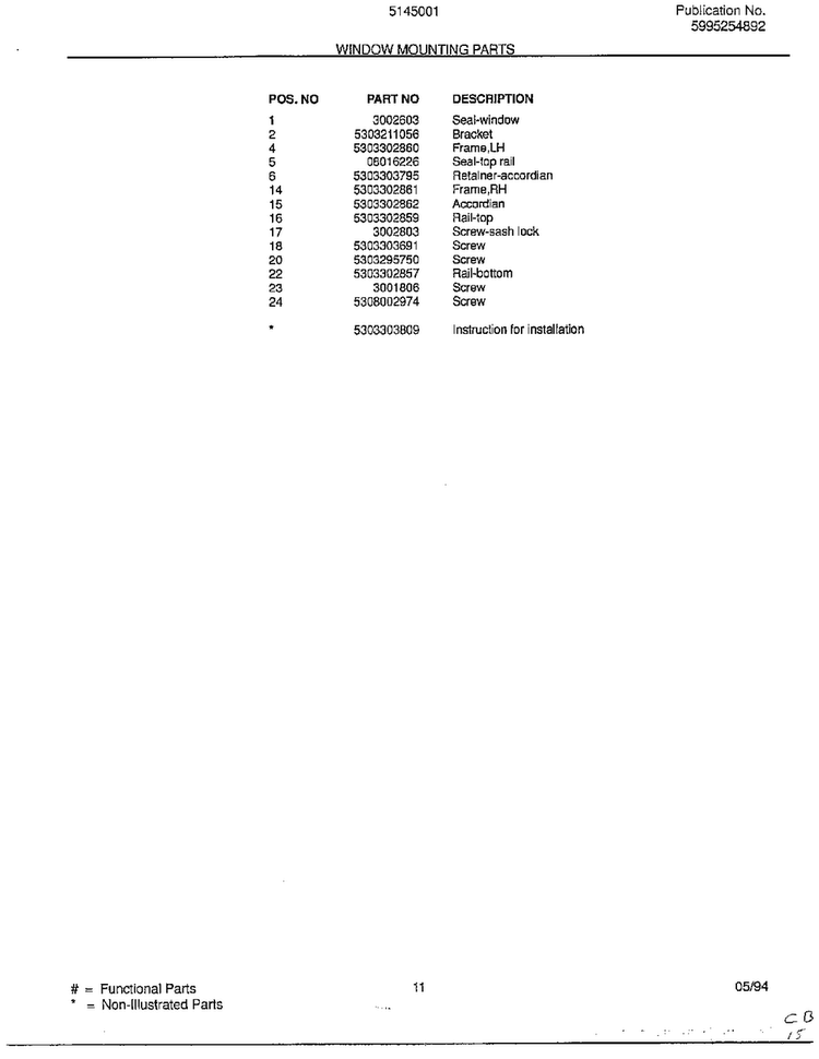 Window Mounting Parts Page 2 Diagram and Parts List for 5145001B  Frigidaire Air Conditioner
