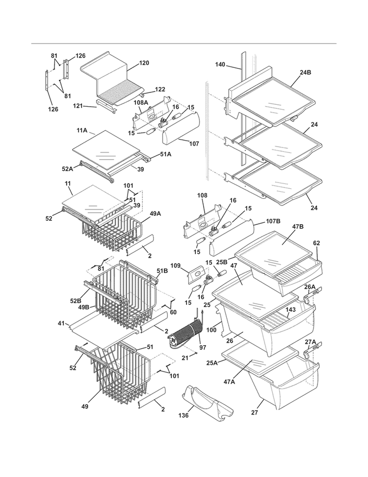 Shelves Diagram and Parts List for FPHC2399KF6  Frigidaire Refrigerator