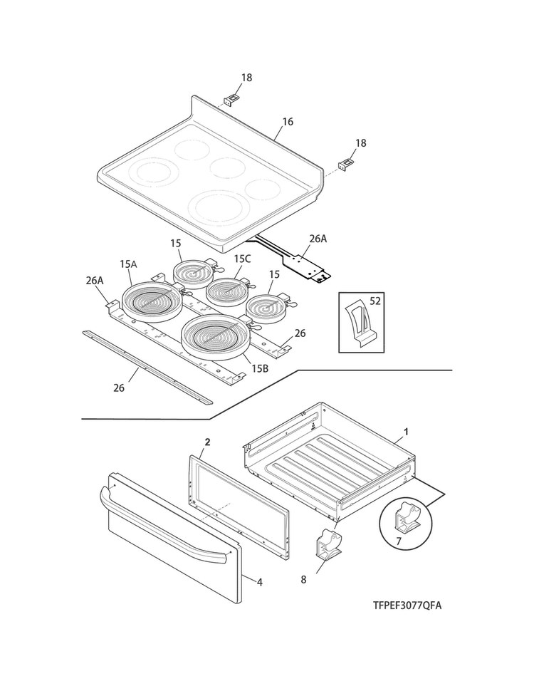 Top/drawer Diagram and Parts List for CGEF3035RFA  Frigidaire Range
