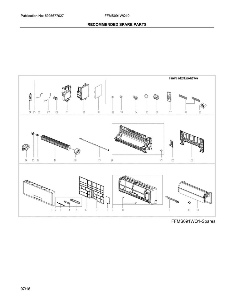 Recommended Spare Parts Diagram and Parts List for FFMS091WQ10  Frigidaire Air Conditioner