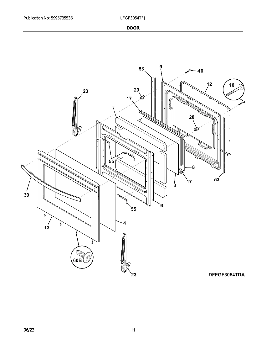 Door Diagram and Parts List for LFGF3054TFJ  Frigidaire Range